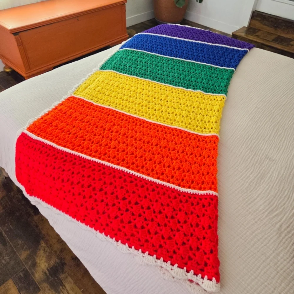 SOLD - Vintage Rainbow Striped Crochet Throw Blanket / Retro Granny - Picture 3 of 7